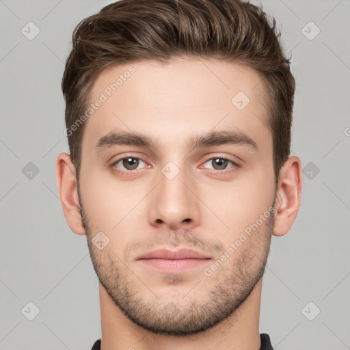 Neutral white young-adult male with short  brown hair and brown eyes