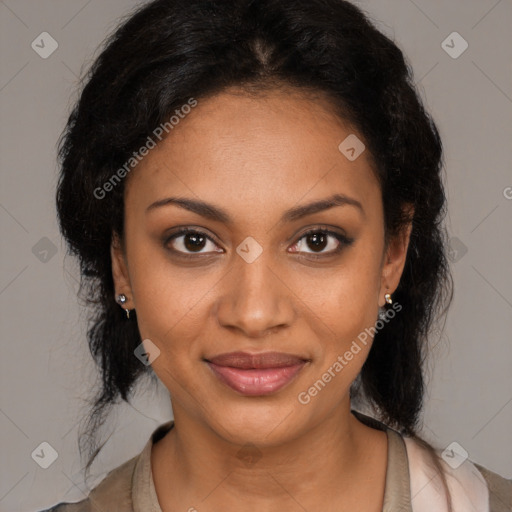 Joyful black young-adult female with medium  black hair and brown eyes