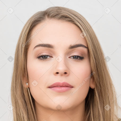 Neutral white young-adult female with long  brown hair and brown eyes