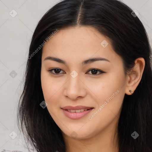 Joyful asian young-adult female with long  brown hair and brown eyes