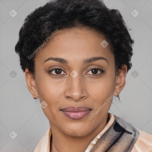 Joyful latino young-adult female with short  brown hair and brown eyes