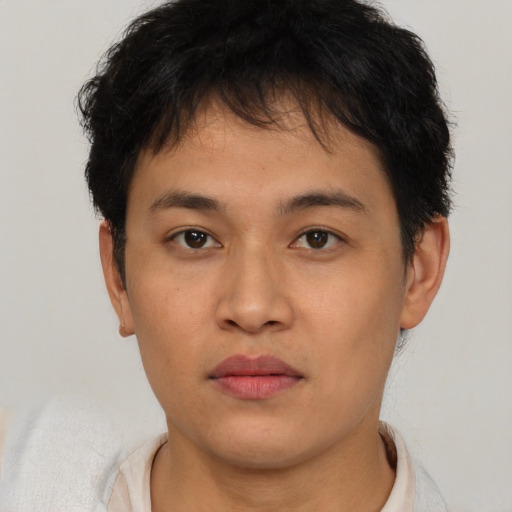 Neutral asian young-adult male with short  brown hair and brown eyes