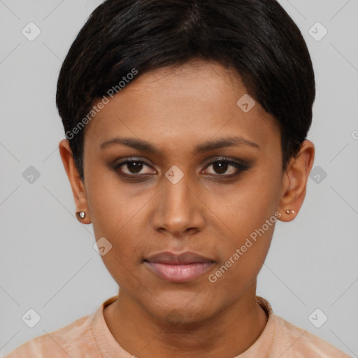 Neutral asian young-adult female with short  brown hair and brown eyes