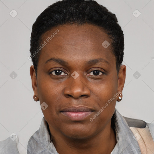 Joyful black young-adult female with short  black hair and brown eyes