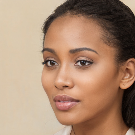 Neutral latino young-adult female with long  brown hair and brown eyes