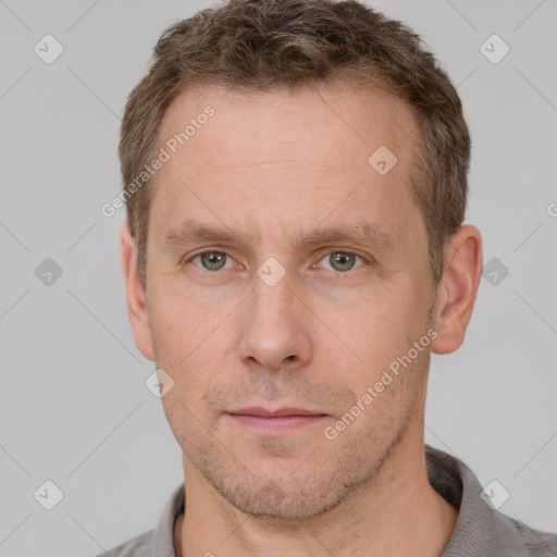 Neutral white adult male with short  brown hair and brown eyes