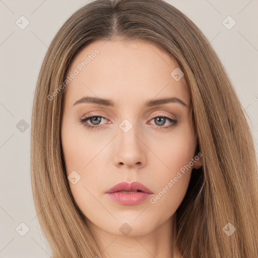 Neutral white young-adult female with long  brown hair and brown eyes