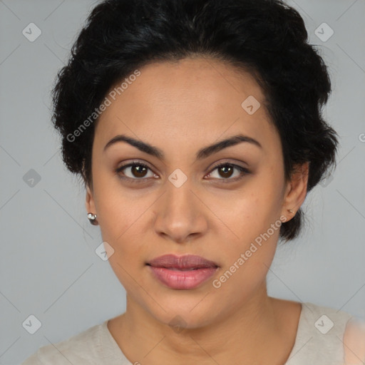 Joyful latino young-adult female with medium  black hair and brown eyes