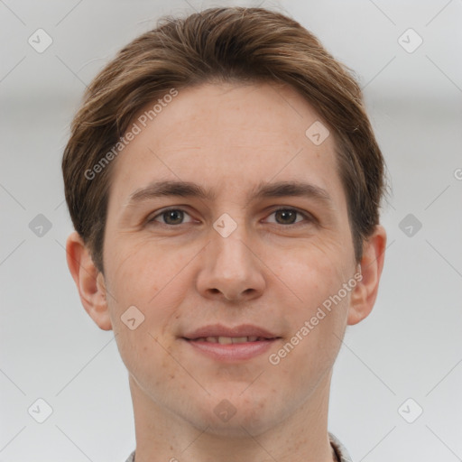 Joyful white young-adult male with short  brown hair and brown eyes