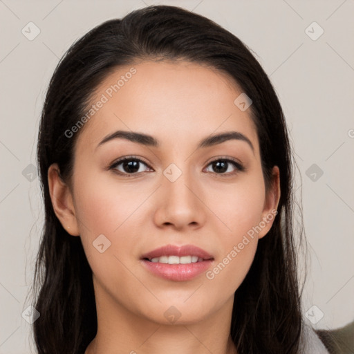 Neutral white young-adult female with long  brown hair and brown eyes