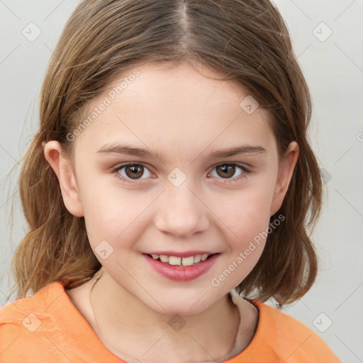 Joyful white child female with medium  brown hair and brown eyes