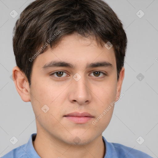 Neutral white young-adult male with short  brown hair and brown eyes