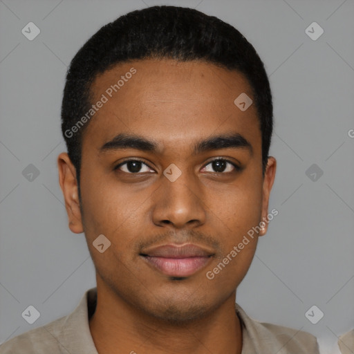 Neutral black young-adult male with short  black hair and brown eyes
