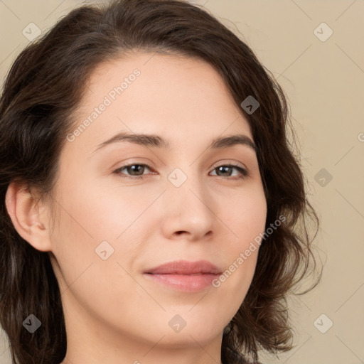 Neutral white young-adult female with medium  brown hair and brown eyes