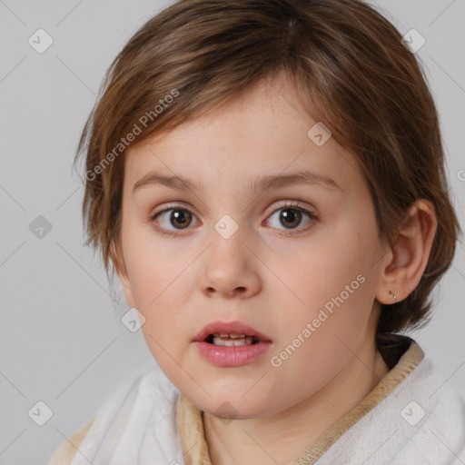 Neutral white child female with medium  brown hair and blue eyes