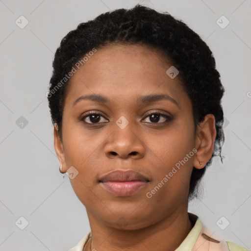 Neutral black young-adult female with short  brown hair and brown eyes