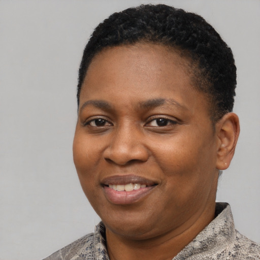 Joyful black adult female with short  brown hair and brown eyes