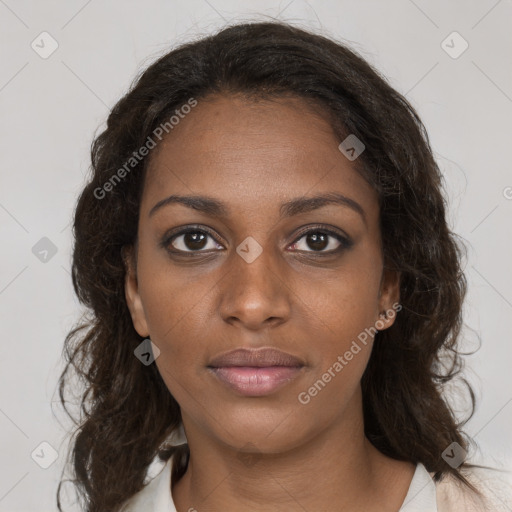 Neutral black young-adult female with medium  brown hair and brown eyes