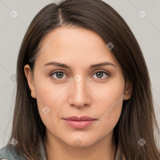 Neutral white young-adult female with long  brown hair and brown eyes