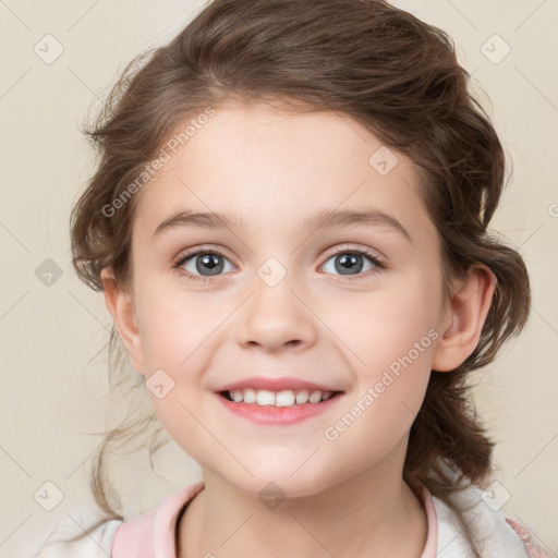 Joyful white child female with medium  brown hair and brown eyes