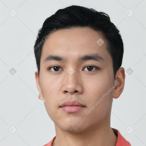 Neutral asian young-adult male with short  black hair and brown eyes