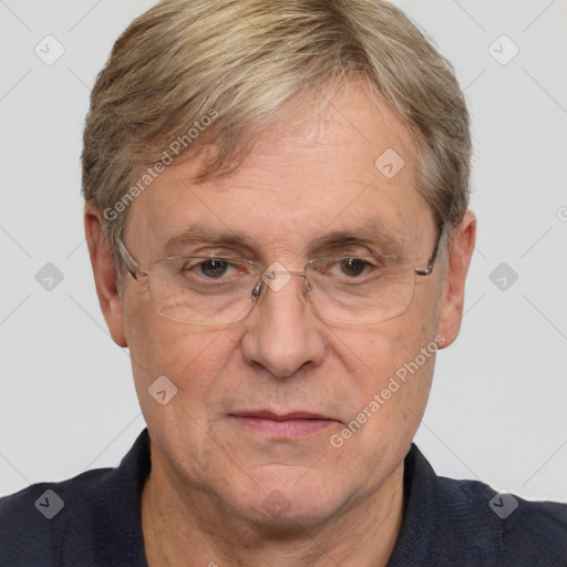 Joyful white middle-aged male with short  brown hair and brown eyes