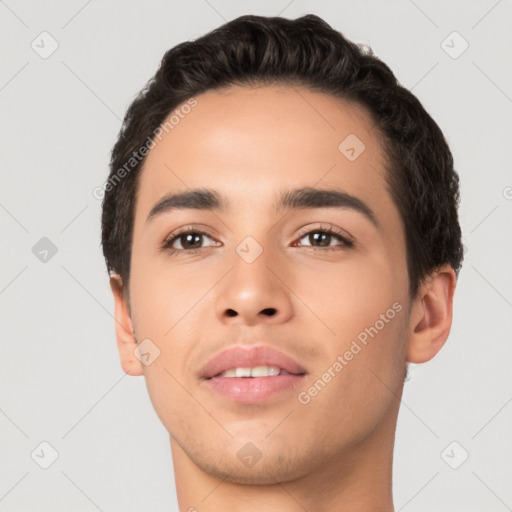 Neutral latino young-adult male with short  brown hair and brown eyes