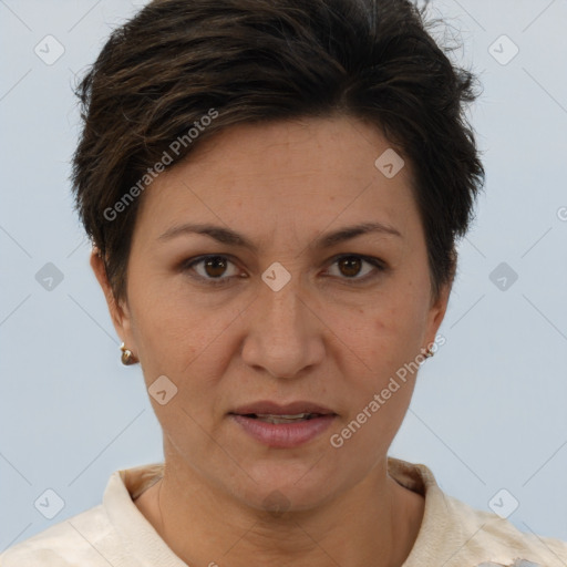 Joyful white adult female with short  brown hair and brown eyes