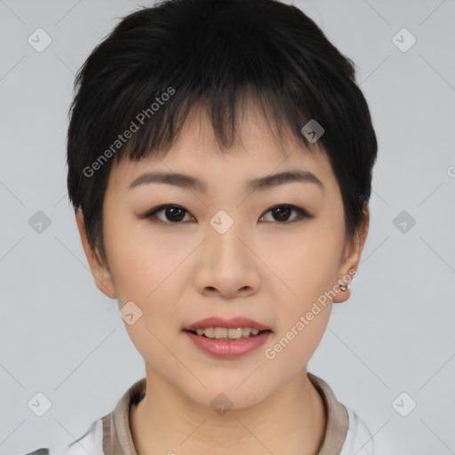 Joyful asian young-adult female with short  black hair and brown eyes