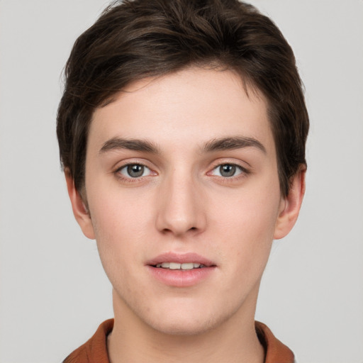 Neutral white young-adult male with short  brown hair and brown eyes