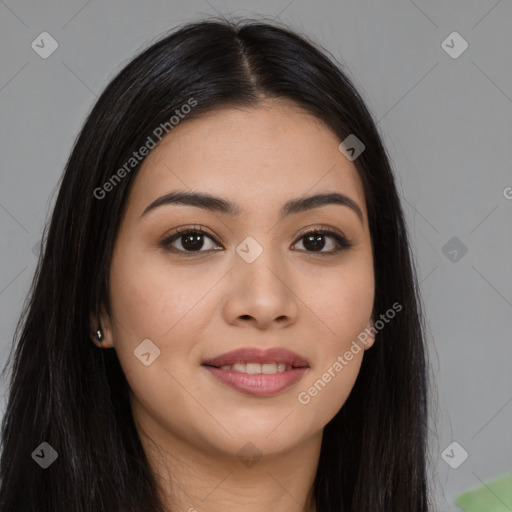 Joyful latino young-adult female with long  brown hair and brown eyes