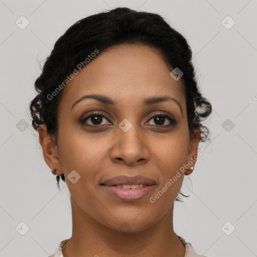 Joyful latino young-adult female with short  brown hair and brown eyes