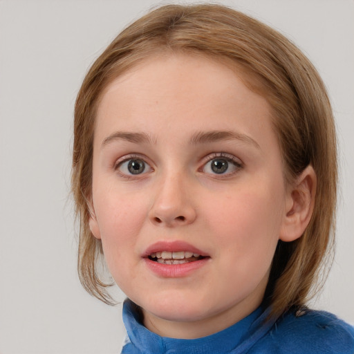 Joyful white child female with medium  brown hair and blue eyes