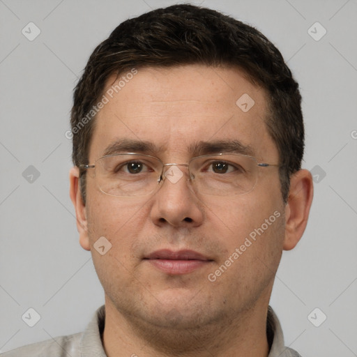 Neutral white adult male with short  brown hair and brown eyes