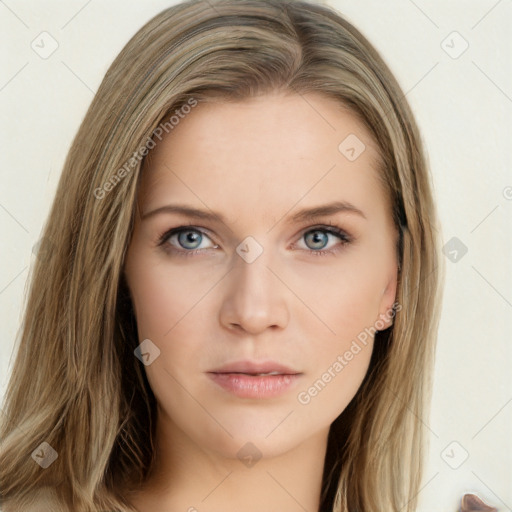 Neutral white young-adult female with long  brown hair and grey eyes