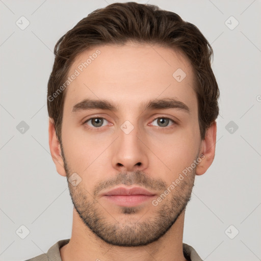 Neutral white young-adult male with short  brown hair and brown eyes