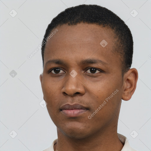 Neutral black young-adult male with short  black hair and brown eyes