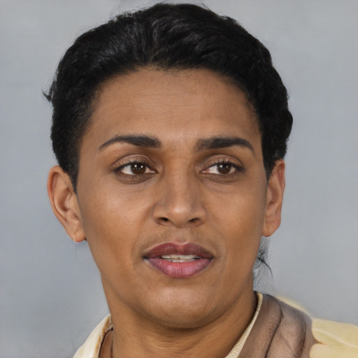Joyful latino adult female with short  brown hair and brown eyes