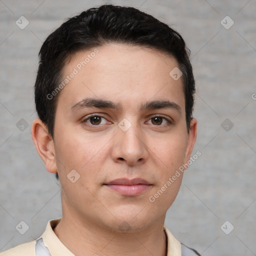 Neutral white young-adult male with short  brown hair and brown eyes