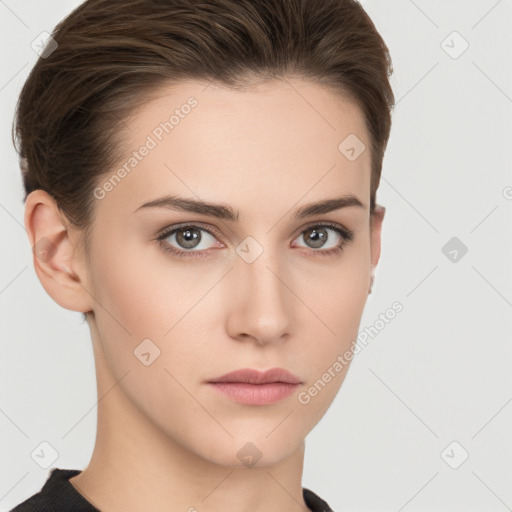 Neutral white young-adult female with short  brown hair and brown eyes