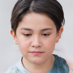 Joyful white child female with short  brown hair and brown eyes