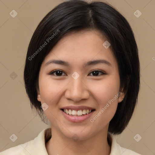 Joyful white young-adult female with medium  brown hair and brown eyes