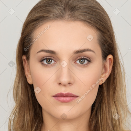 Neutral white young-adult female with long  brown hair and brown eyes