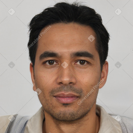 Neutral asian young-adult male with short  black hair and brown eyes