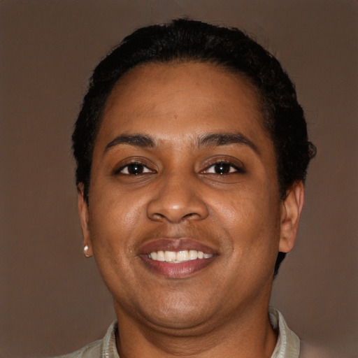Joyful black adult female with short  brown hair and brown eyes