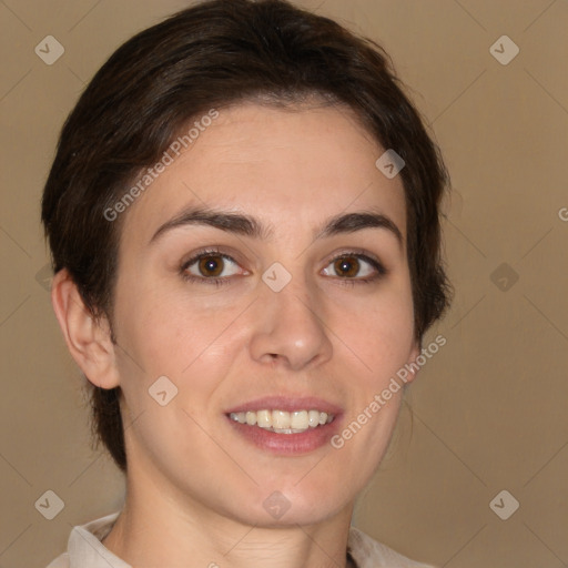 Joyful white young-adult female with medium  brown hair and brown eyes