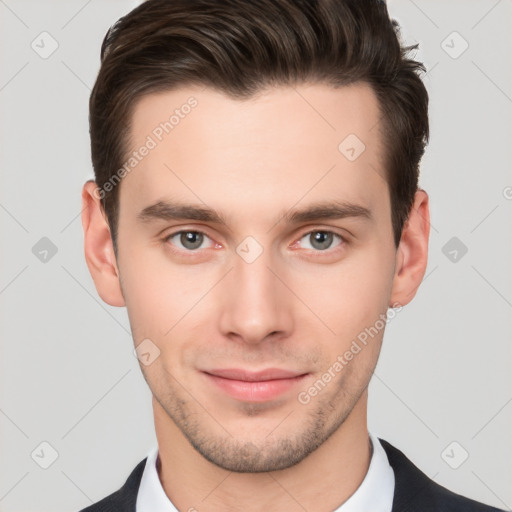 Neutral white young-adult male with short  brown hair and brown eyes