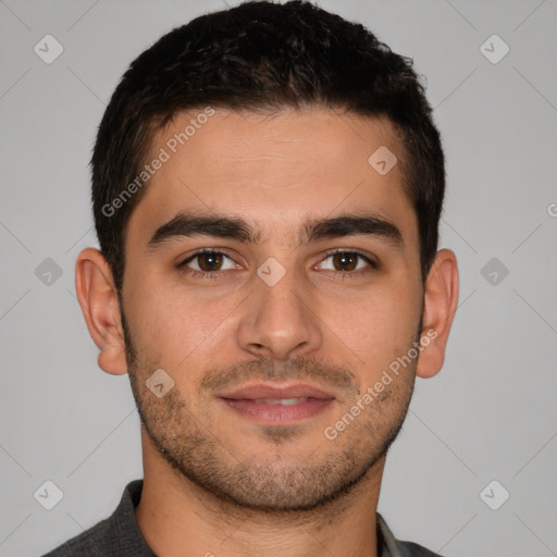 Joyful white young-adult male with short  brown hair and brown eyes