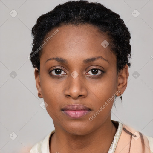 Neutral black young-adult female with short  black hair and brown eyes