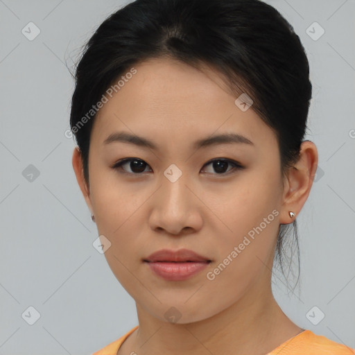 Neutral asian young-adult female with short  brown hair and brown eyes